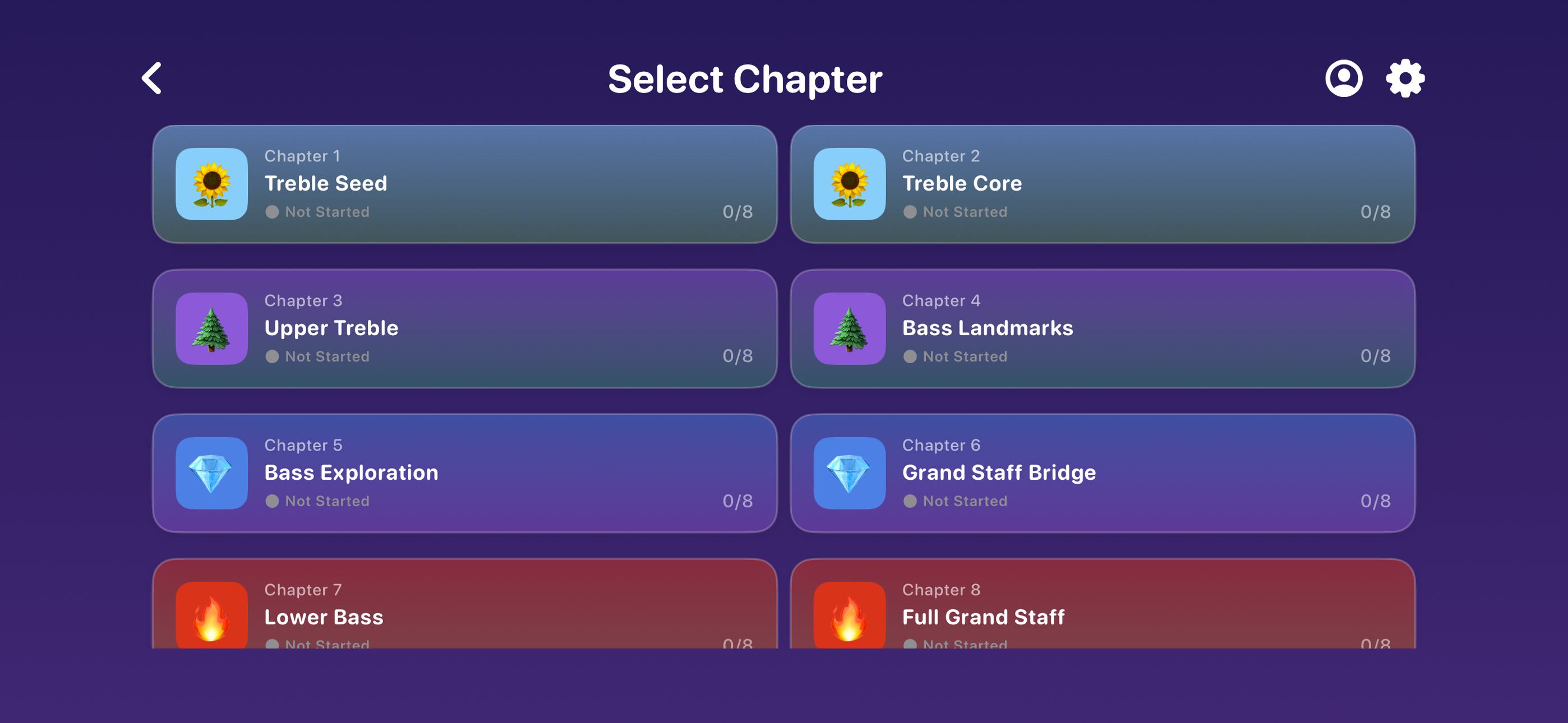 Chapter select showing 16 themed chapters