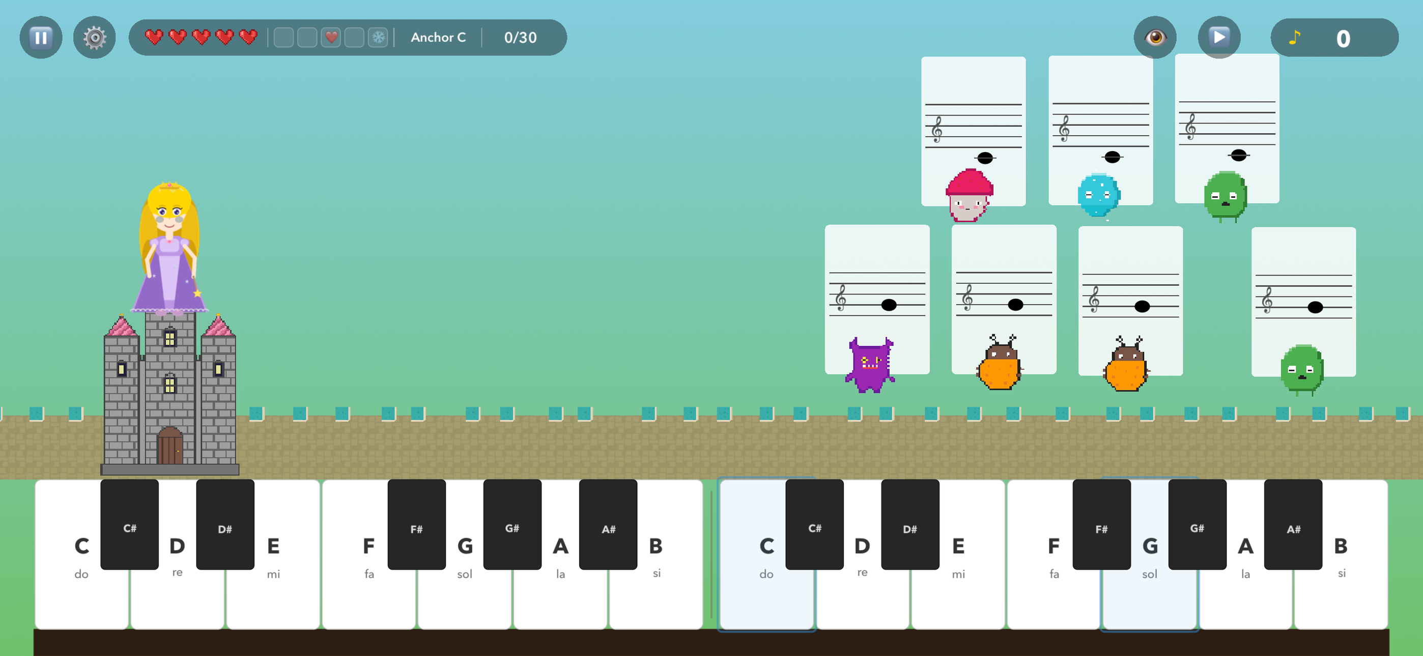Gameplay: monsters carrying notes march toward the castle while the player reads and taps